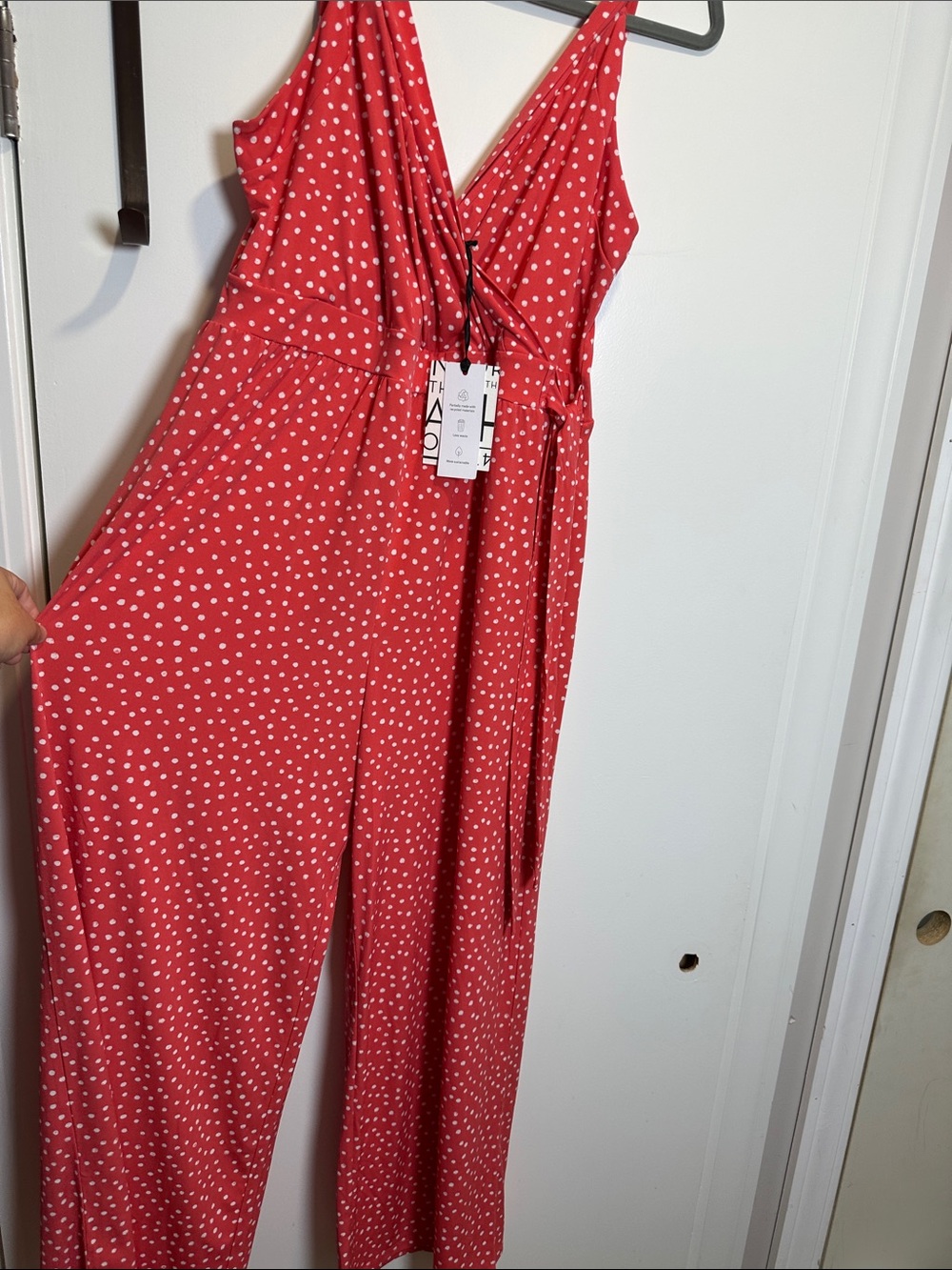 41 Hawthorn Coral Red Polka Dot Wrap Jumpsuit (61)